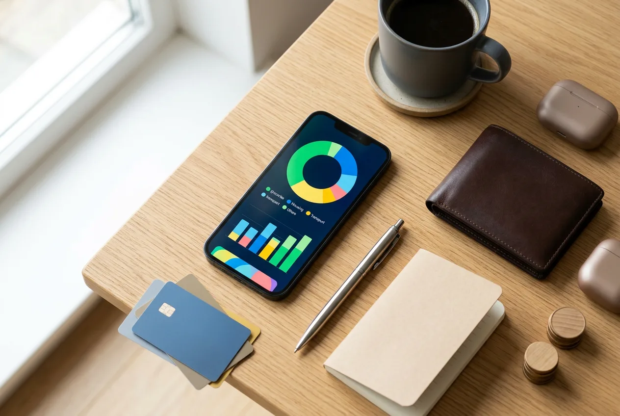 Pametni telefon z odprtim grafičnim prikazom mesečne porabe in razporeditvijo stroškov.