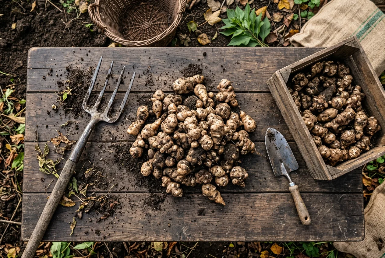 Sveže izkopani gomolji topinamburja na leseni kmečki mizi