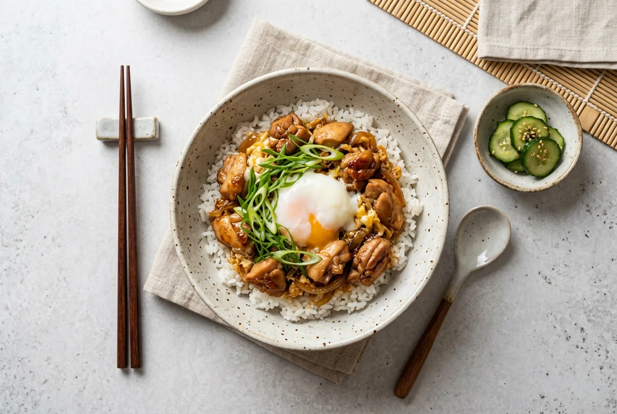 Skleda vročega belega riža, prelitega s sočnimi koščki piščanca, mehko kuhanim jajcem in tanko narezano mlado čebulo