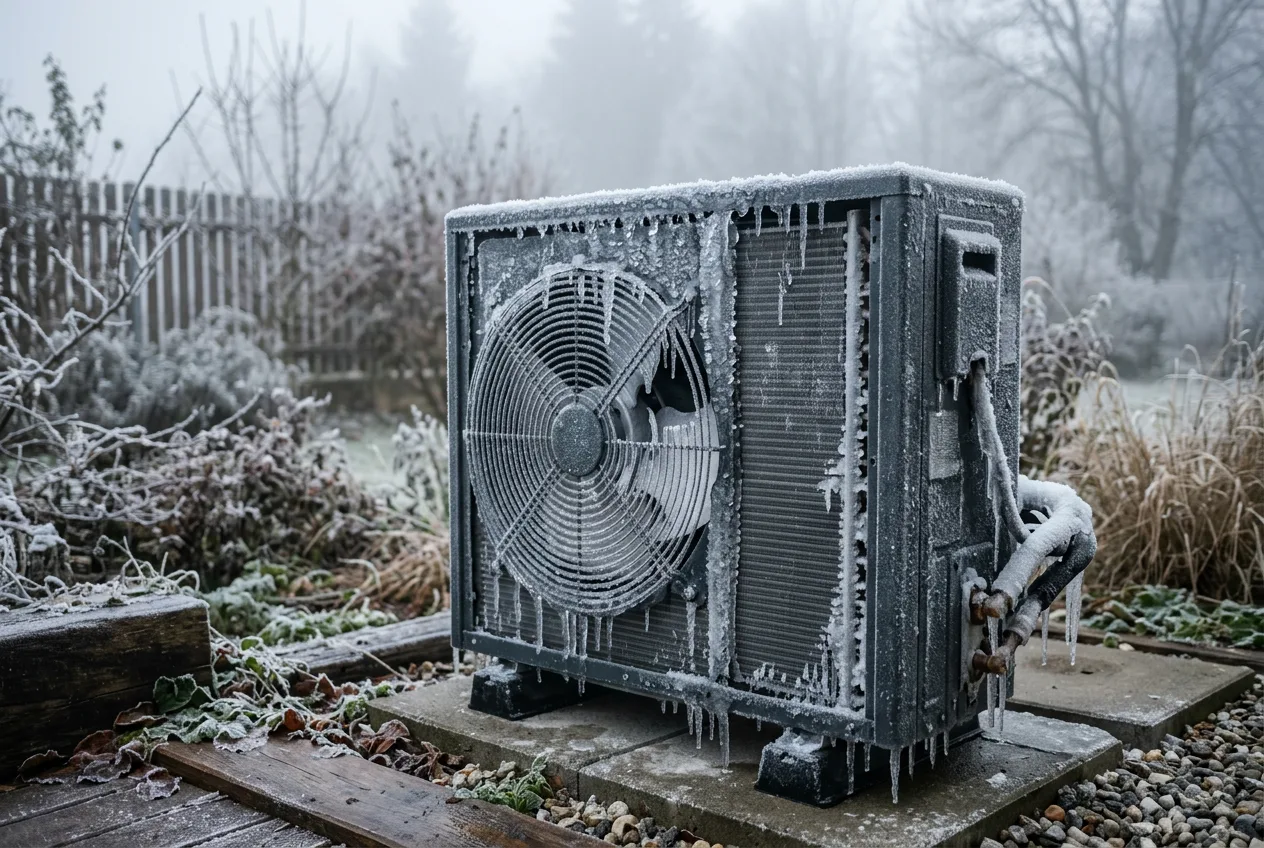 Zaledenela zunanja enota toplotne črpalke v meglenem jutru