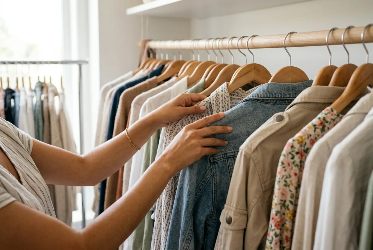 Ženska pri pregledu spomladanske garderobe in kombiniranju starih oblačil na obešalnikih