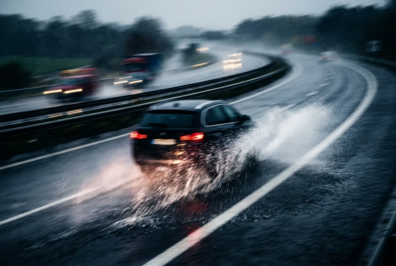 Avtomobil med vožnjo po mokri avtocesti z močnim pršenjem vode izpod pnevmatik