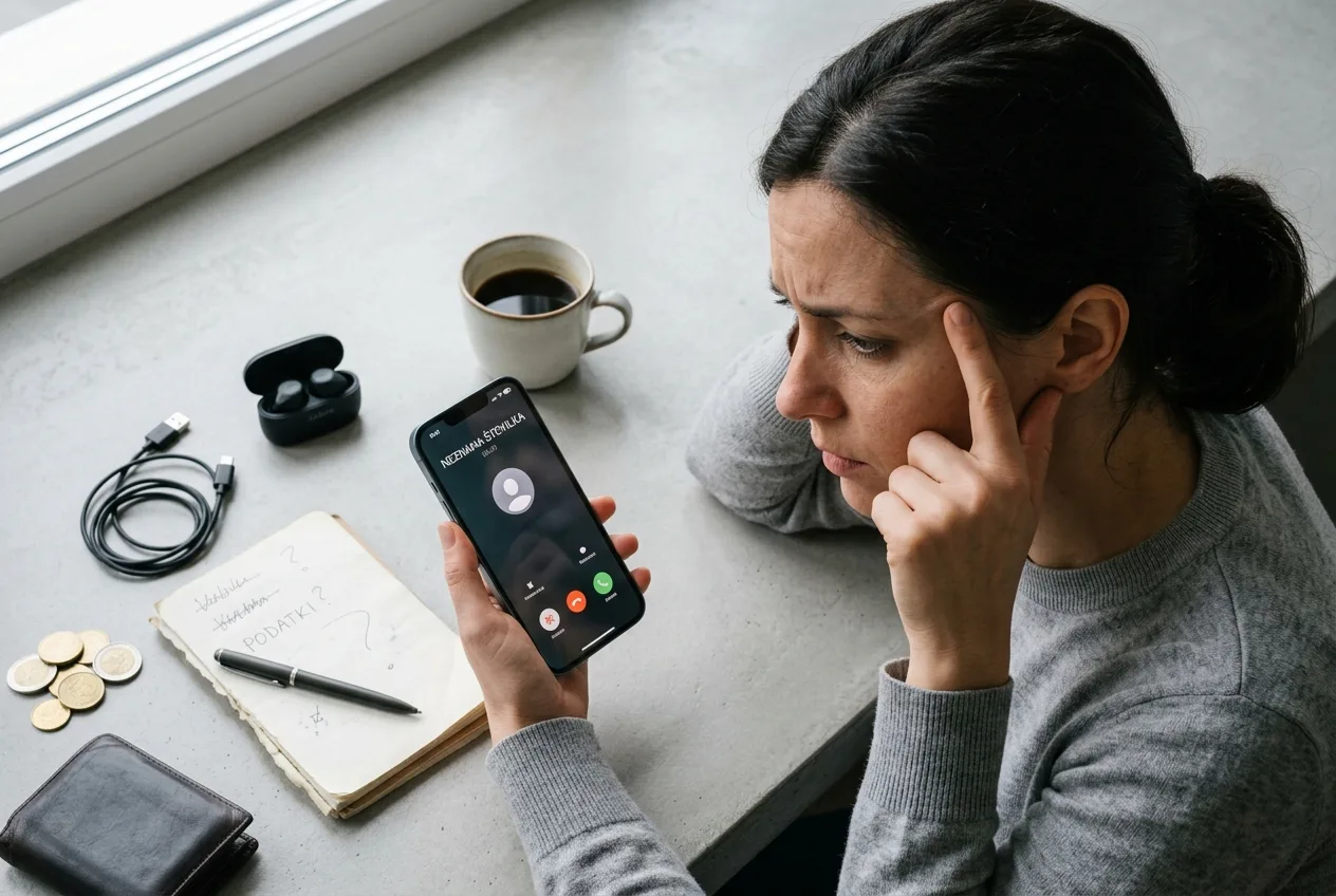 Ženska z zaskrbljenim izrazom na obrazu gleda v zaslon pametnega telefona med telefonskim klicem.