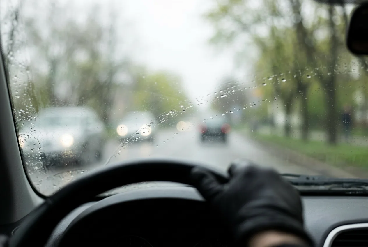 Voznik za volanom avtomobila s popolnoma zarošenim vetrobranskim steklom