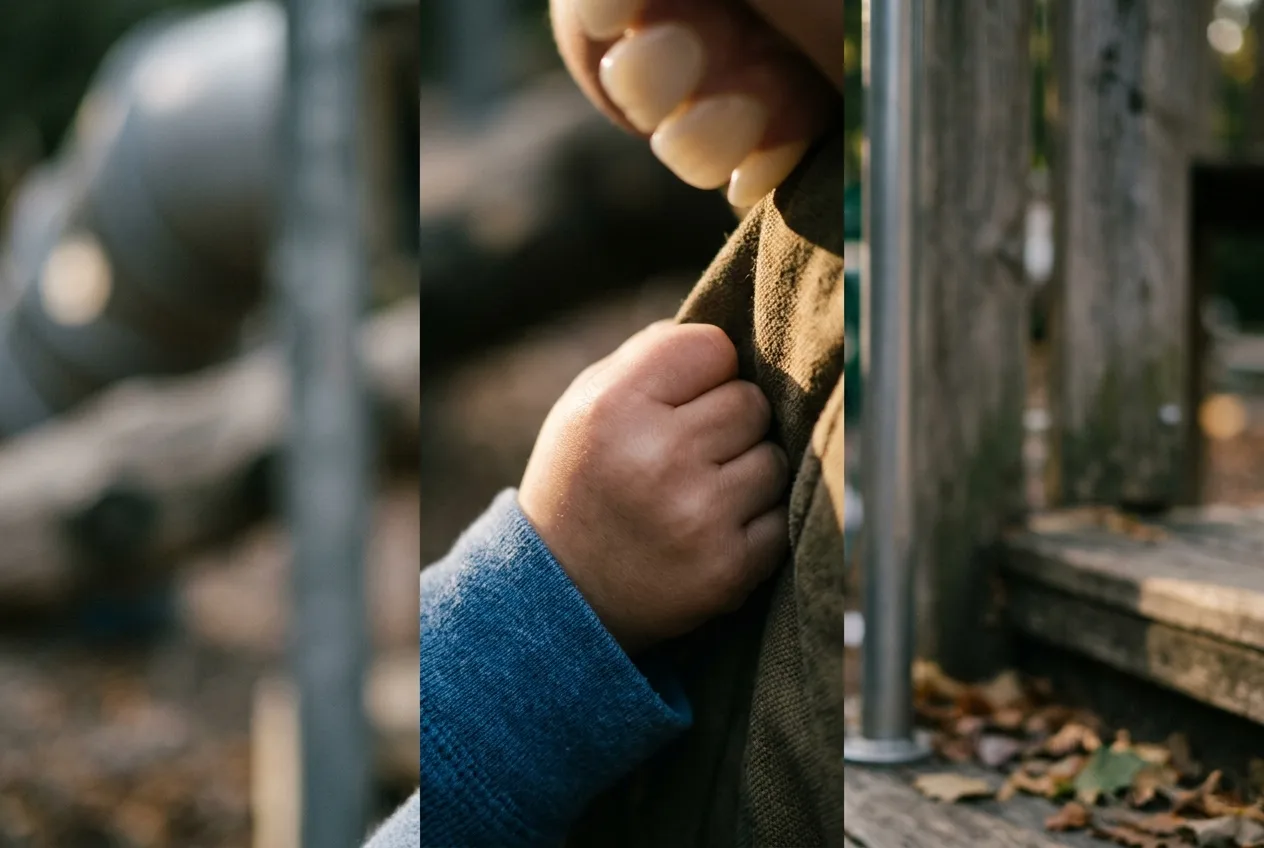 Malček na igrišču z jeznim izrazom na obrazu, ki stiska pesti