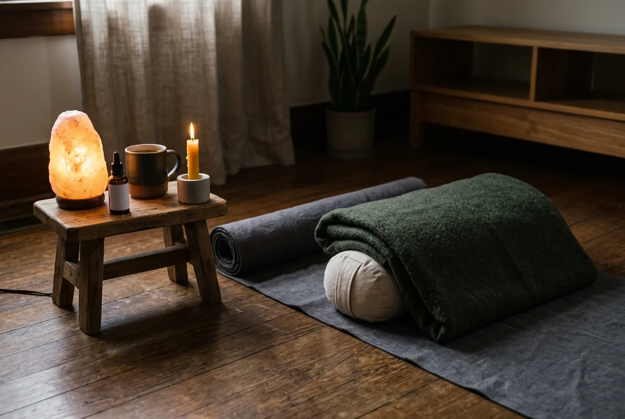 Oseba v udobnih oblačilih leži na podlogi za jogo v zatemnjeni sobi