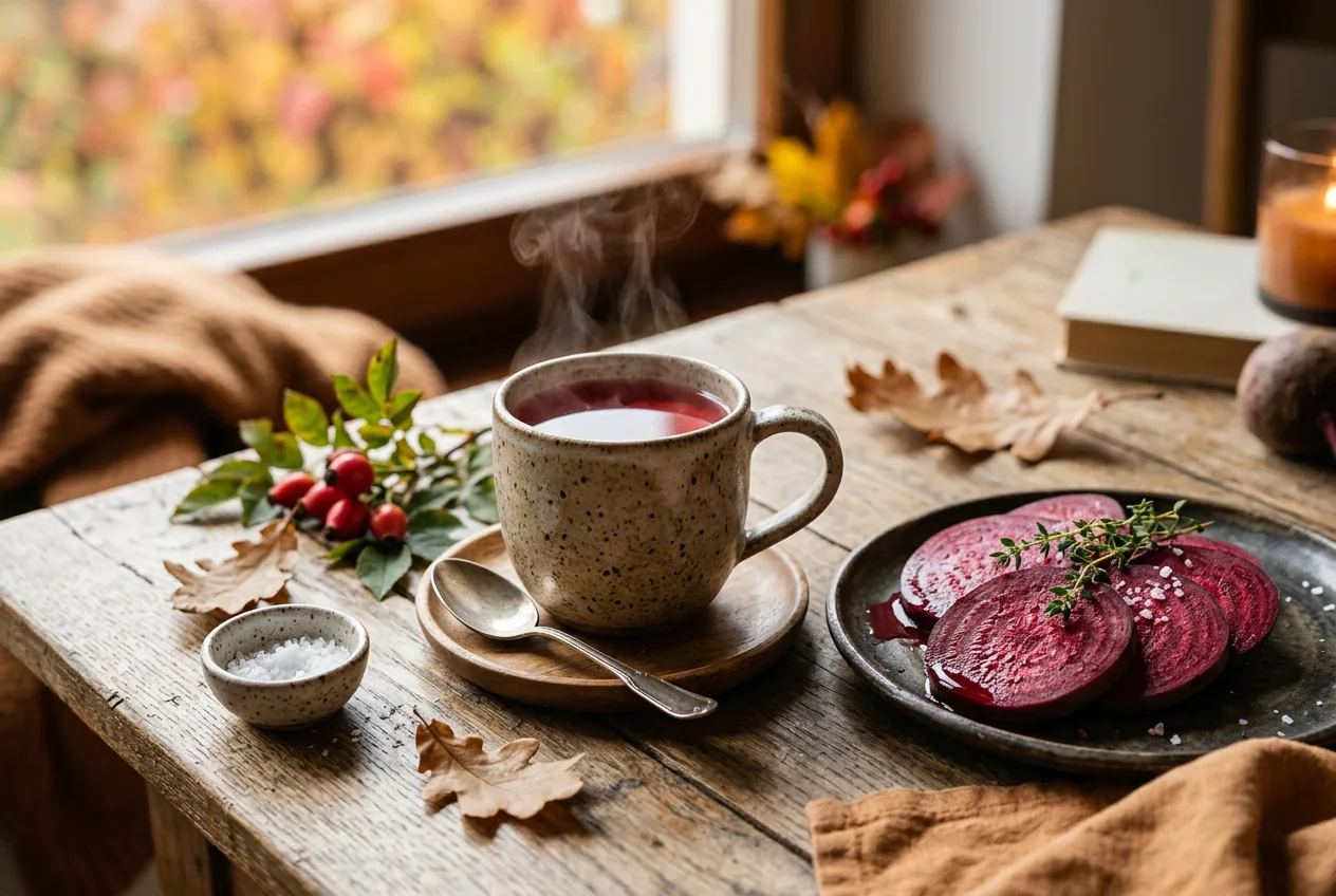 Skodelica vročega šipkovega čaja in narezana rdeča pesa na leseni mizi v jesenskem vzdušju.