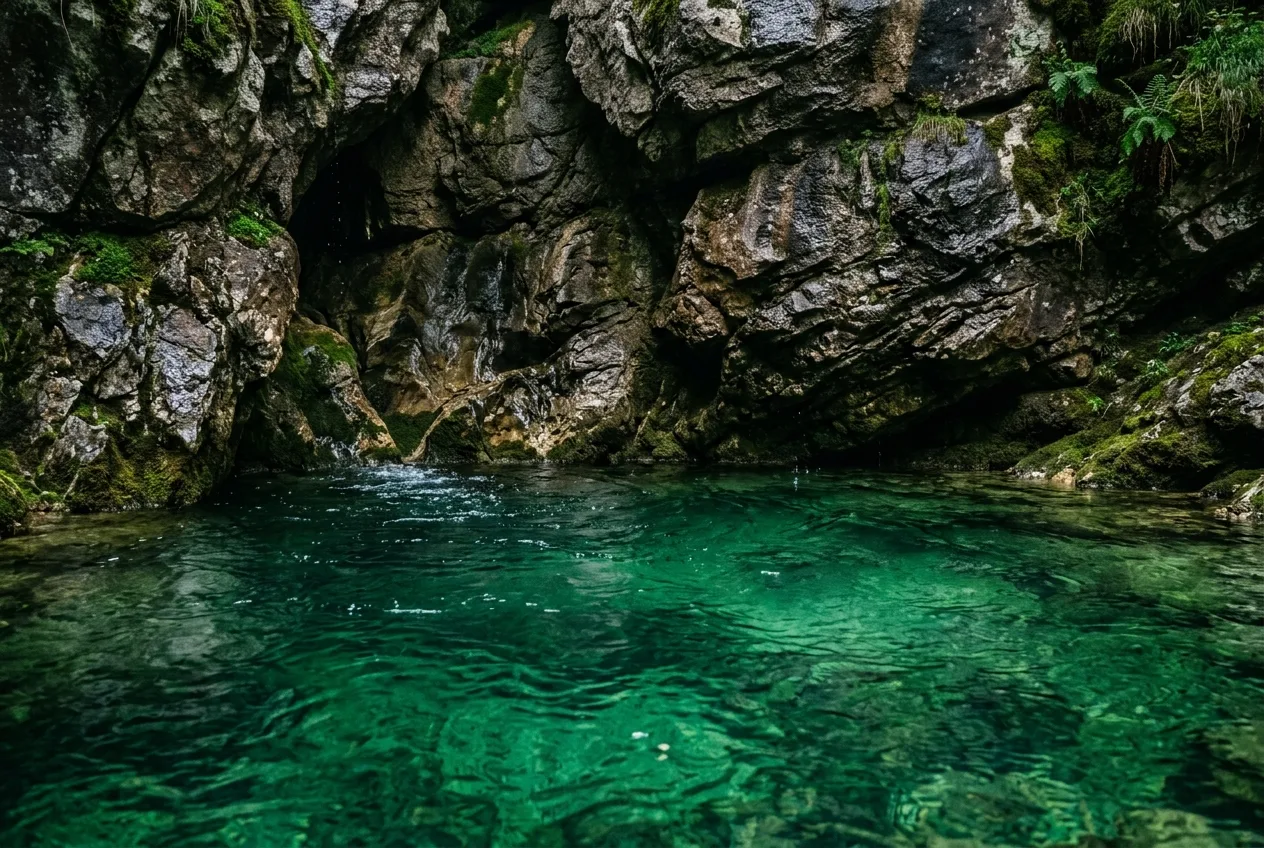 Smaragdno zelena voda izvira reke Krupe pod visoko skalno steno v Beli krajini