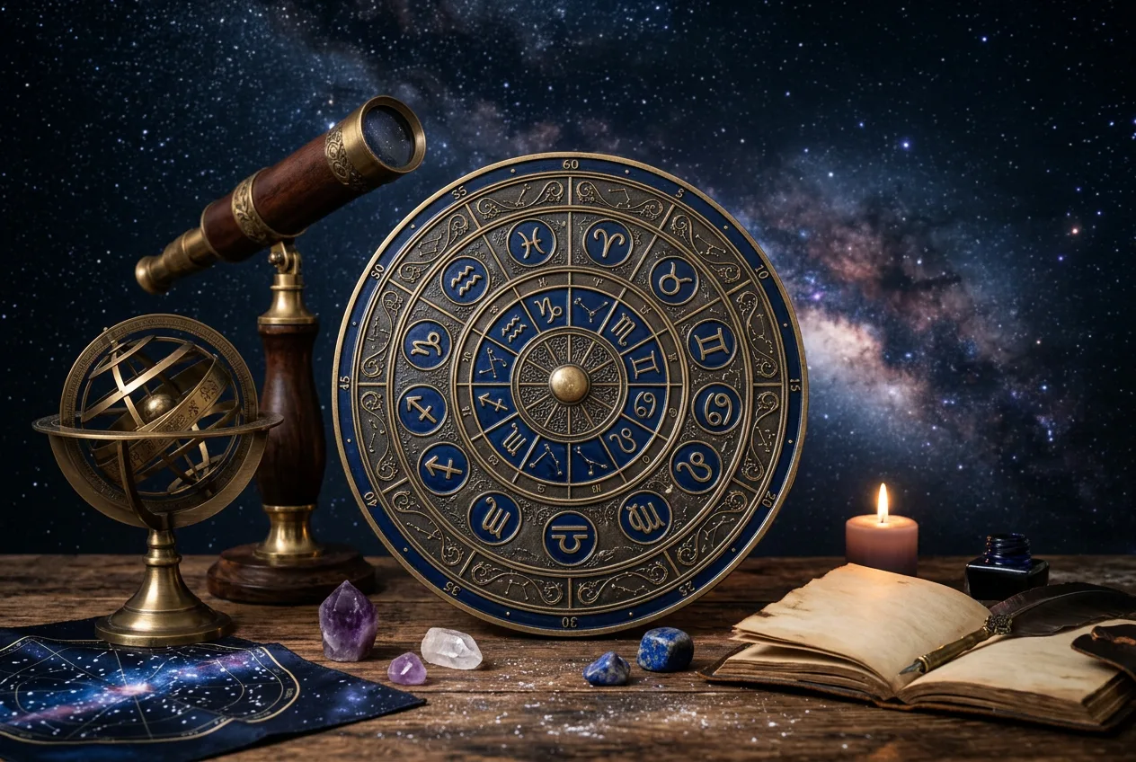 Astrološko kolo z dvanajstimi zodiakalnimi znamenji na temnem zvezdnem nebu