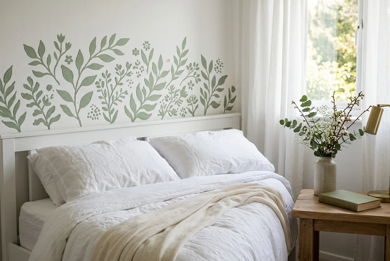 Spalnica z modernim naslikanim vzglavjem v žajbljevo zeleni barvi in belo posteljnino