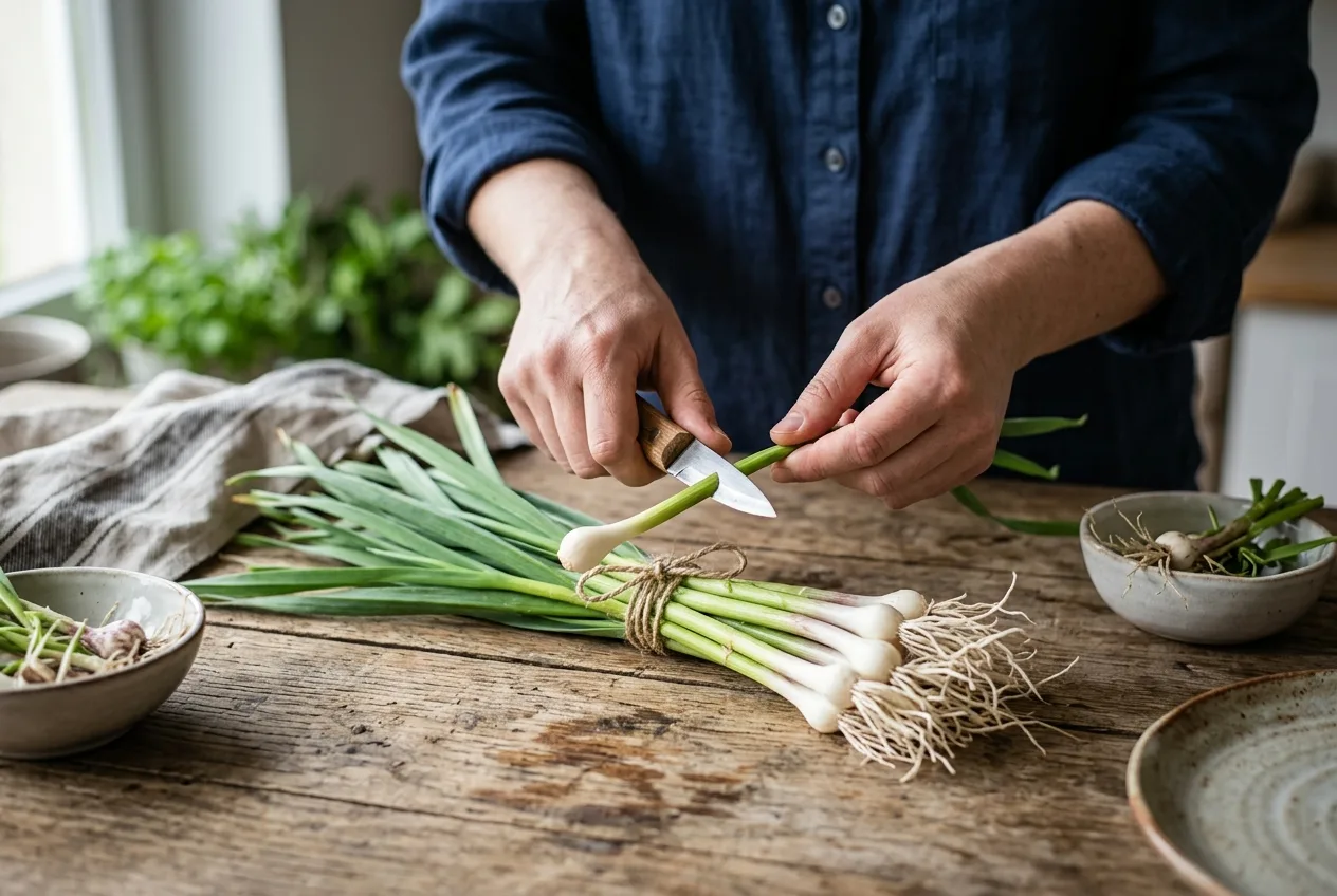 Šopek svežega mladega česna na leseni mizi.