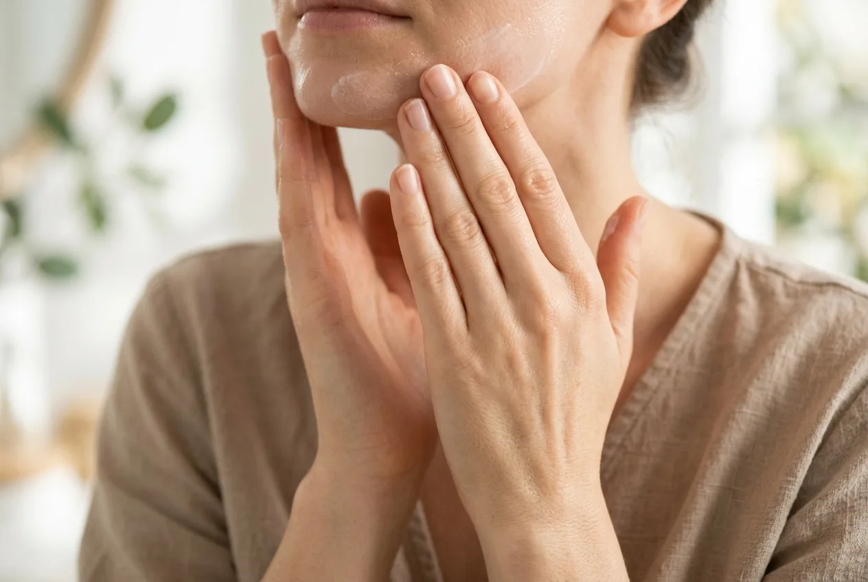 Ženska si spomladi nanaša lahko vlažilno kremo na obraz