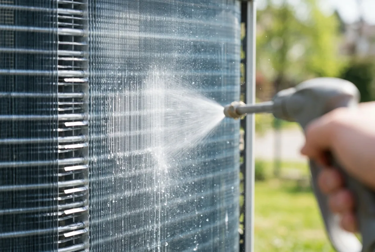 Zunanja enota toplotne črpalke med procesom varnega spomladanskega čiščenja aluminijastih lamel