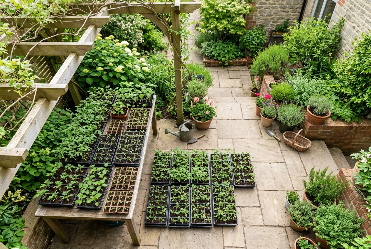 Pladnji z mladimi sadikami paradižnika na polsenčni terasi med postopnim prilagajanjem na zunanje pogoje.