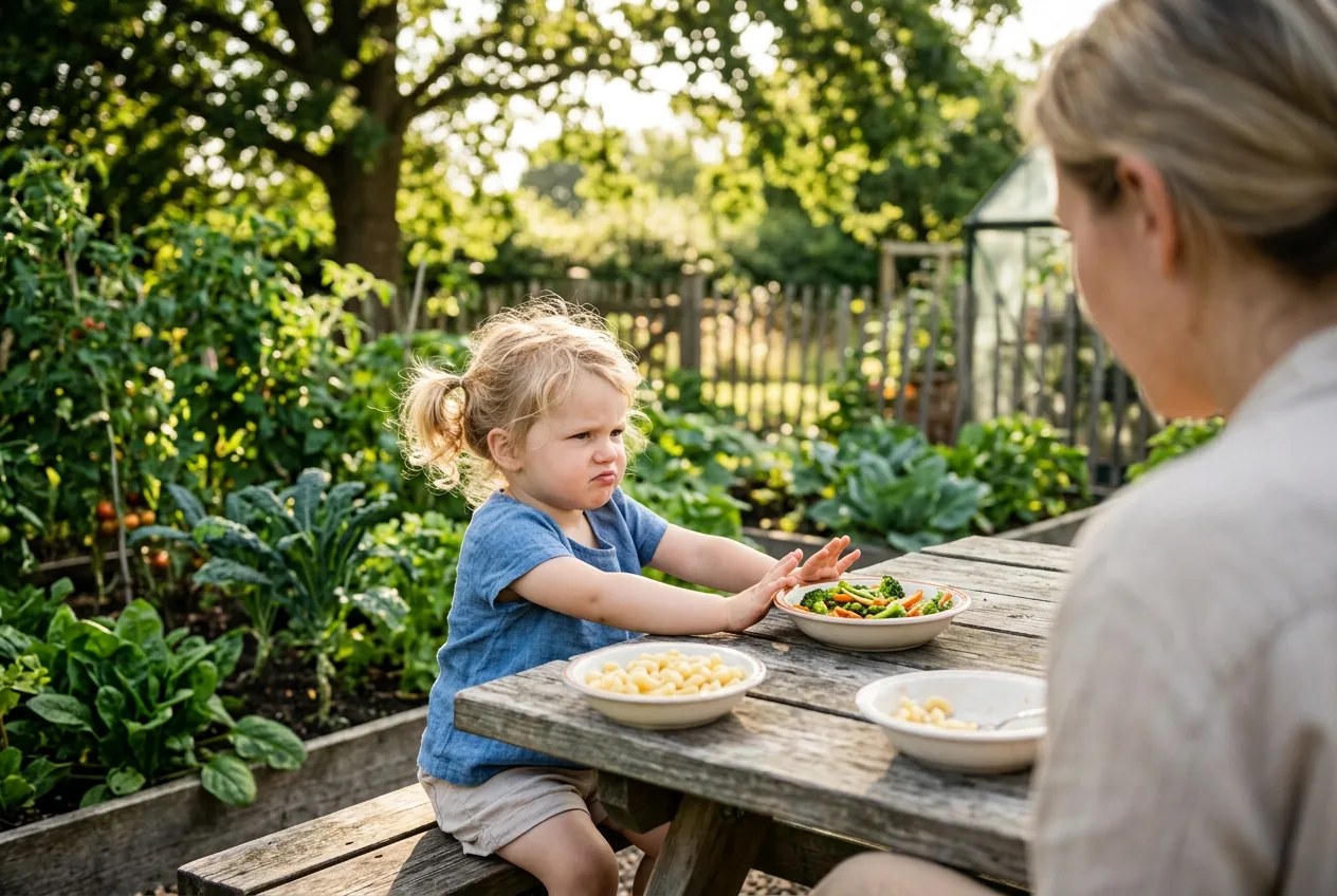Malček z vihanjem nosu odriva krožnik z zelenjavo in kaže nezadovoljstvo.
