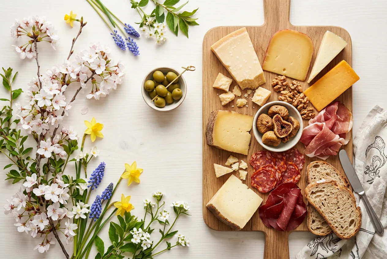 Krožnik s staranim sirom in suhimi mesninami poleg pomladnega cvetja