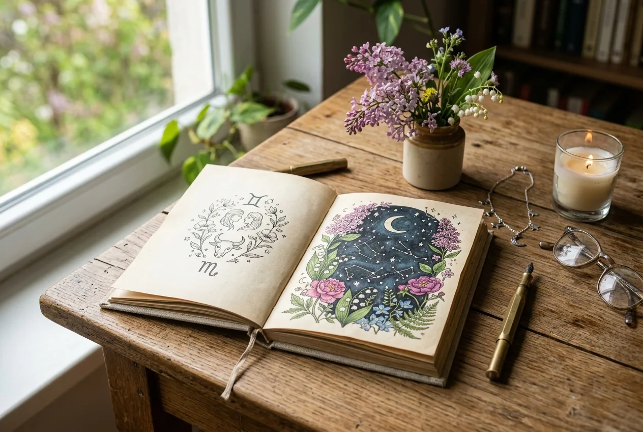 Ilustracija astroloških znamenj na nočnem nebu z majskim cvetjem