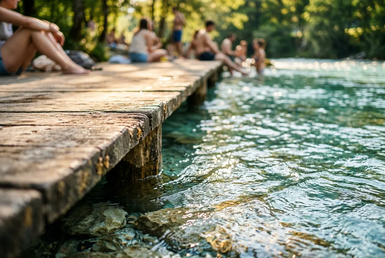 Ljudje se družijo in osvežujejo ob čisti reki z lesenim pomolom v poletnem popoldnevu
