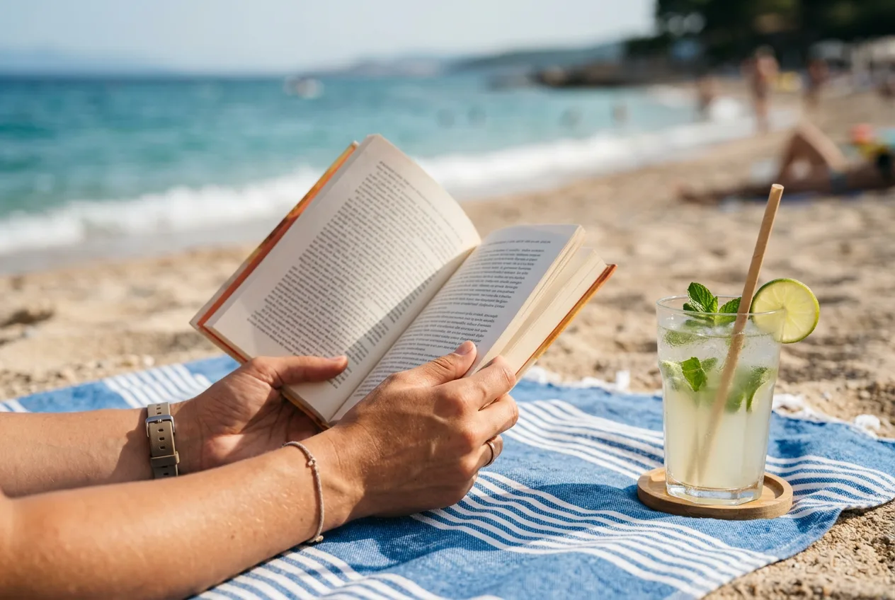 Odprta knjiga kratkih zgodb na poletni plaži ob osvežilni pijači