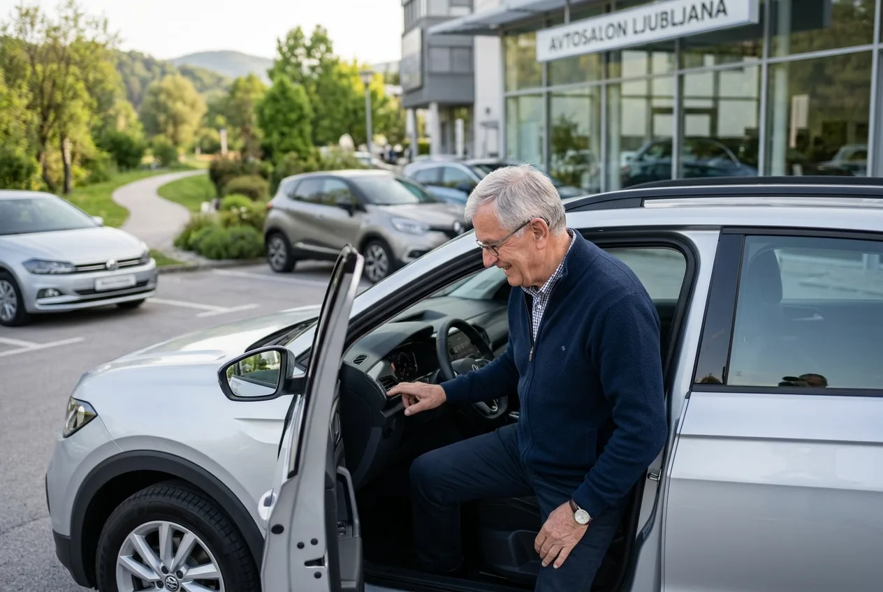 Starejši gospod pregleduje notranjost manjšega mestnega križanca v avtohiši.