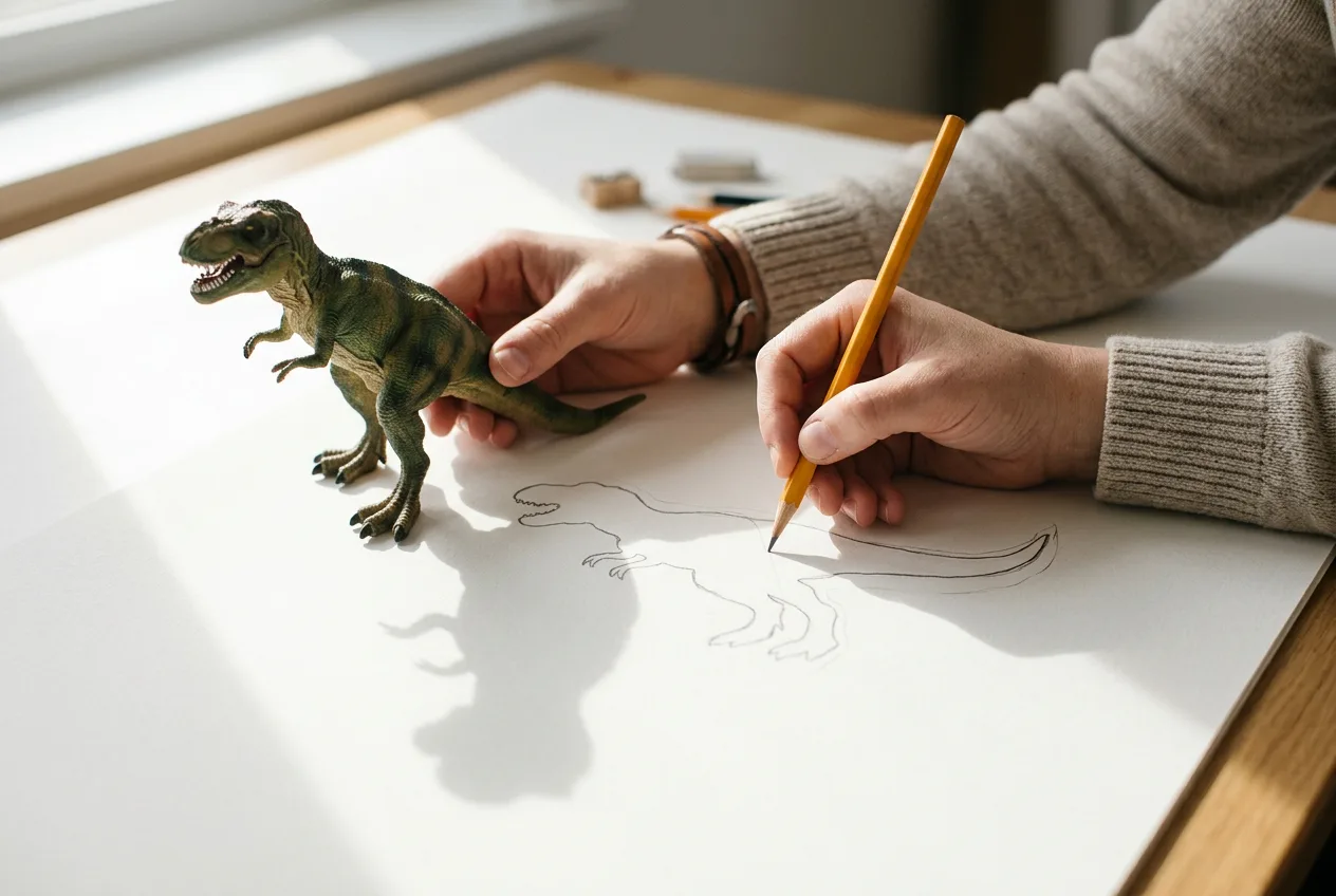 Plastični dinozaver stoji na belem papirju in meče dolgo senco, ki jo nekdo obroblja s svinčnikom