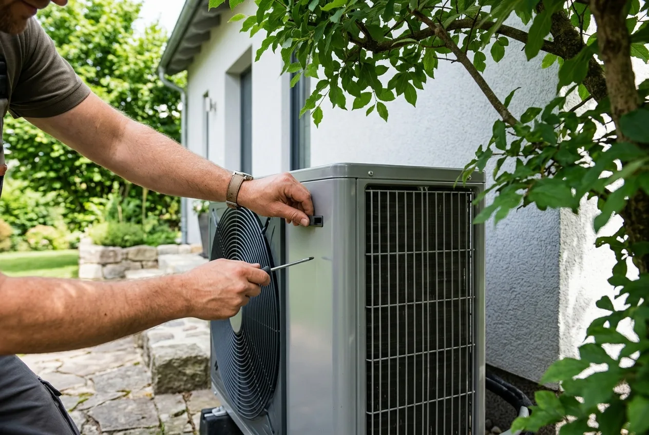 Zunanja enota toplotne črpalke nameščena v senci ob hiši