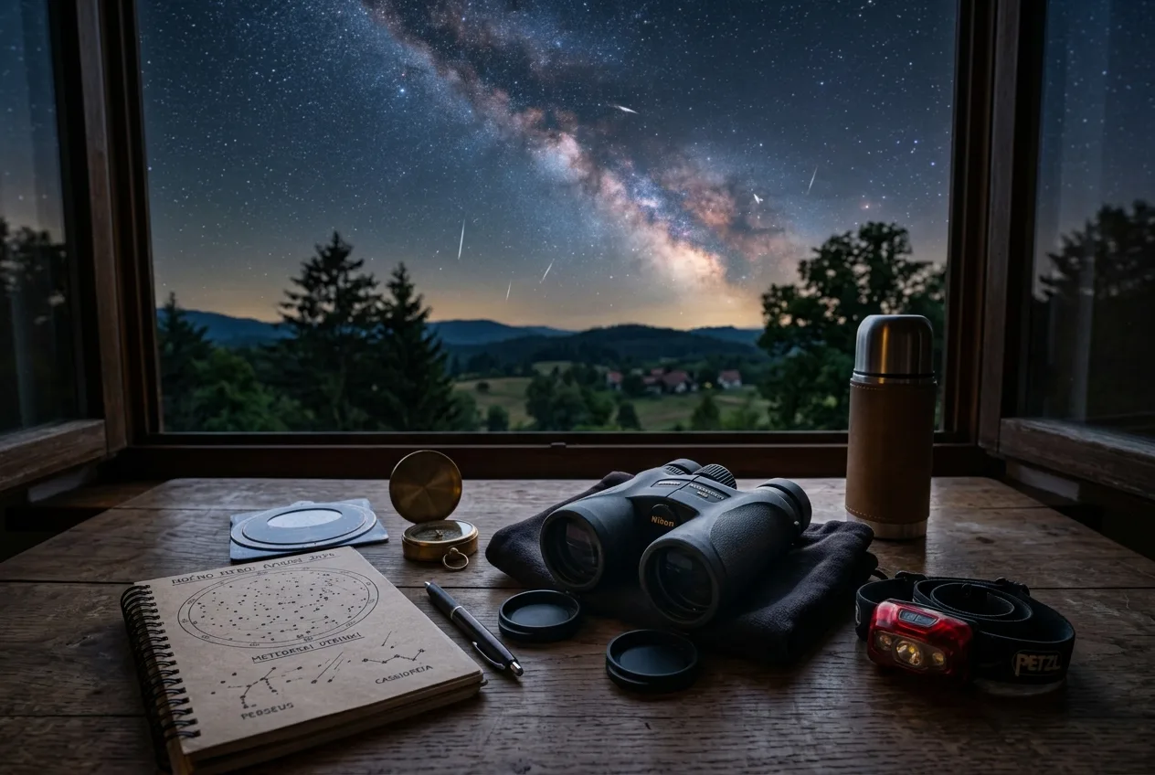Nočno nebo polno zvezd in meteorskih utrinkov nad poletno pokrajino