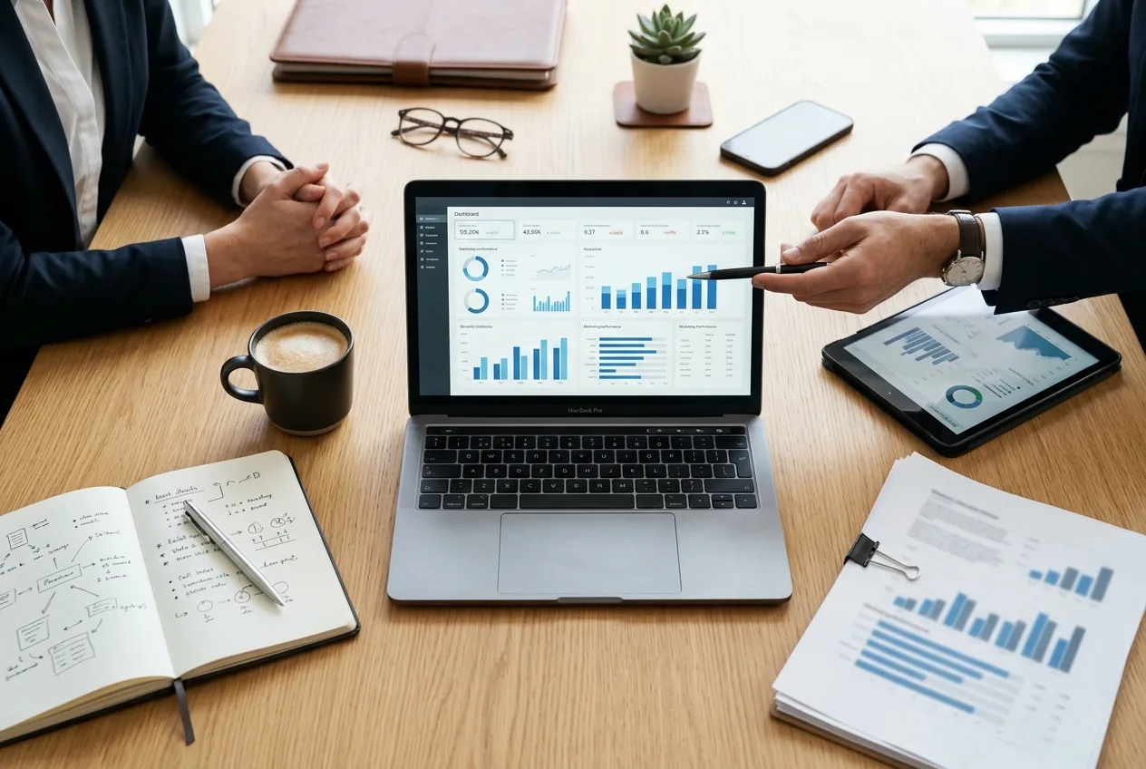 Poslovni sestanek ob pregledu analitike in marketinške strategije na prenosnem računalniku.