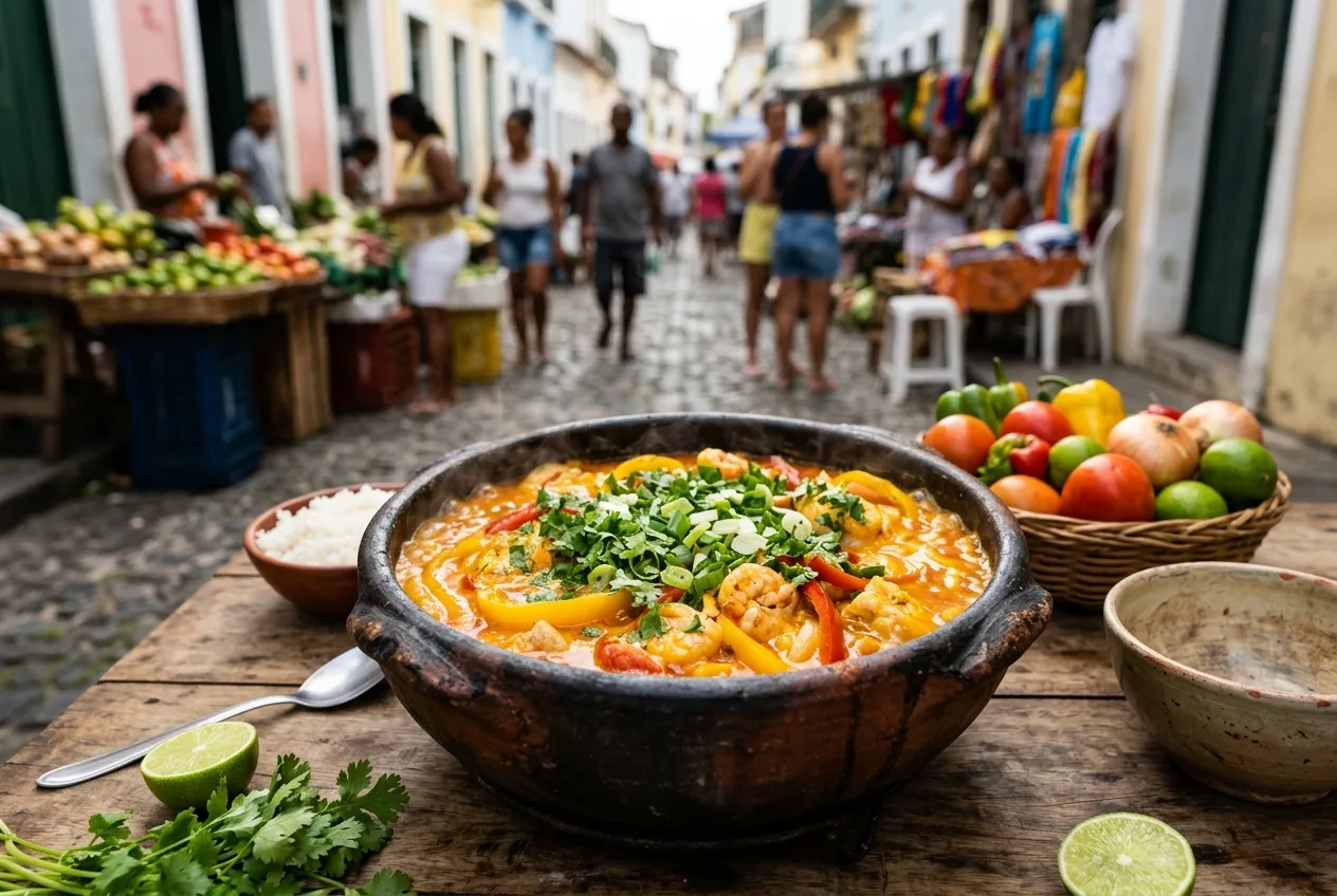 Glineni lonec poln brazilske ribje obare moqueca s kokosovim mlekom in svežim koriandrom