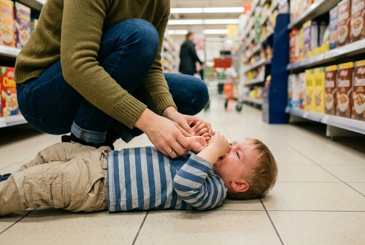 Malček leži na tleh v trgovini in joka, medtem ko starš mirno počepne k njemu