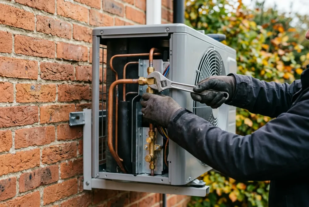 Zunanja enota toplotne črpalke zrak zrak ob opečnati steni