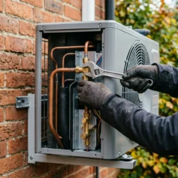 Zunanja enota toplotne črpalke zrak zrak ob opečnati steni