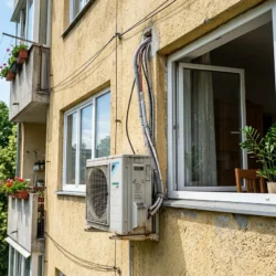 Zunanja enota klimatske naprave na fasadi stanovanjskega objekta ob oknu.