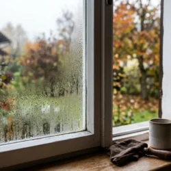 Kapljice kondenza na notranji strani okenskega stekla ob jesenskem jutru