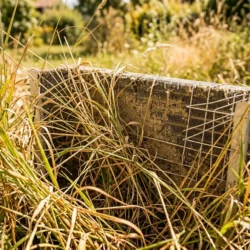 Zunanja enota toplotne črpalke obdana z visoko travo in zamašenim uparjalnikom zaradi prahu.