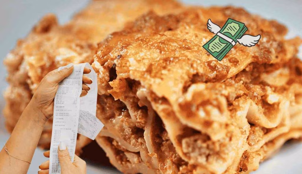 Mostra lo scontrino dopo aver comprato una porzione di LASAGNA: meglio evitare se non hai tanti soldi in tasca
