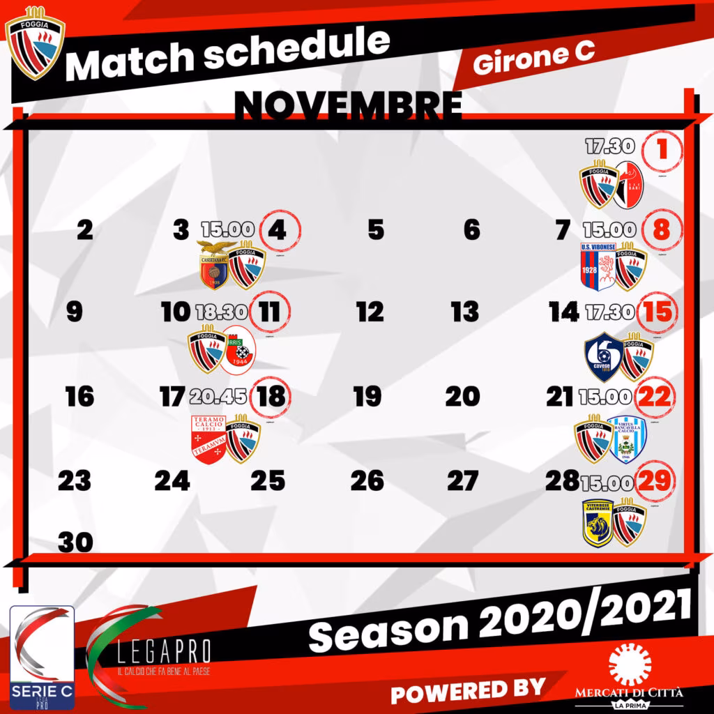 Calendario Novembre Calcio Foggia