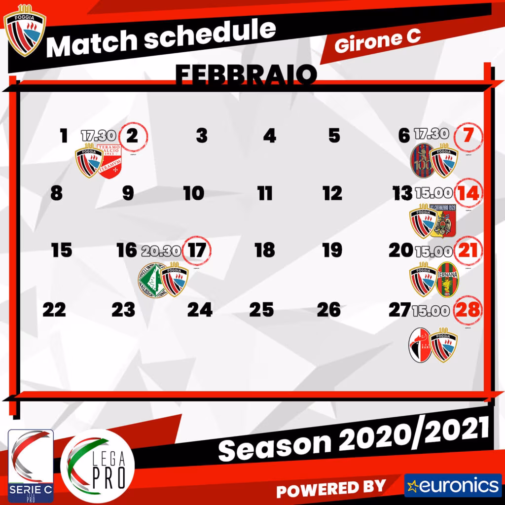 Calcio Foggia, febbraio di fuoco per i rossoneri. Date e orari