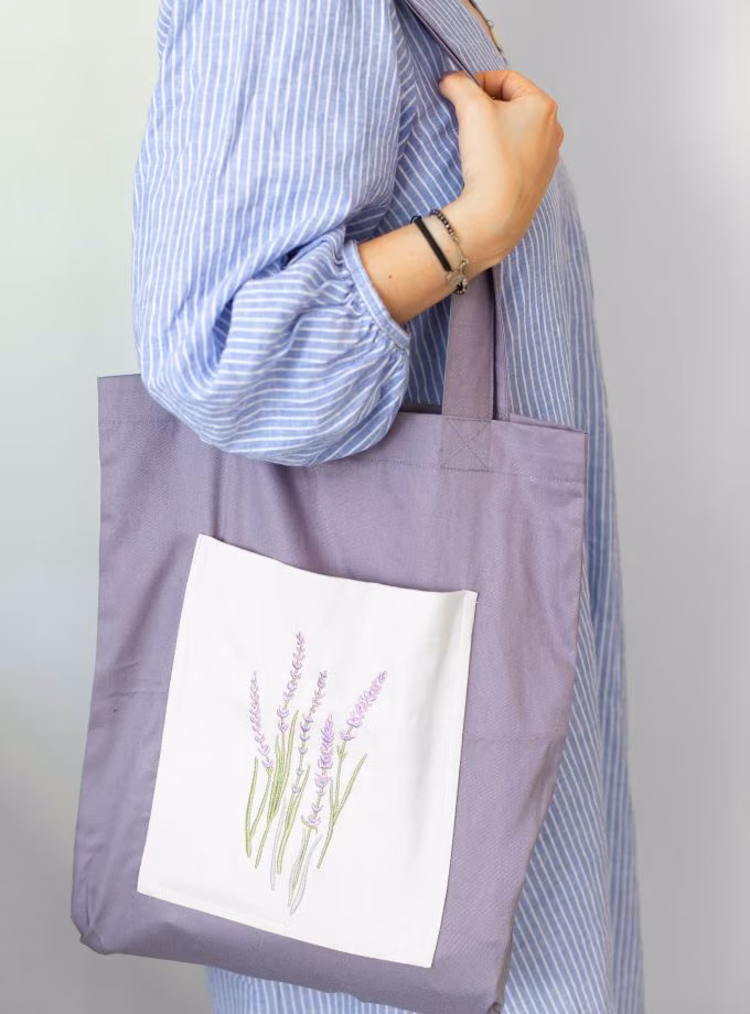 Nakışlı Tek Kollu Alışveriş Çantaları- LAVANTA