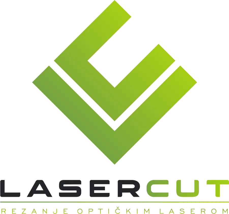 LaserCut-logo Logotip sadrži apstraktni simbol u nijansama zelene boje iznad natpisa "LASERCUT" gdje je "LASER" u crnoj, a "CUT" u zelenoj boji. Ispod piše "REZANJE OPTIČKIM LASEROM" sitnim slovima u zelenoj boji.