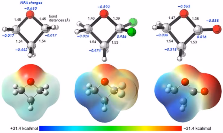 Mappe del potenziale elettrostatico di ossetano isosterico, α,α-difluoro-ossetano e β-lattone (Nature Chemistry)
