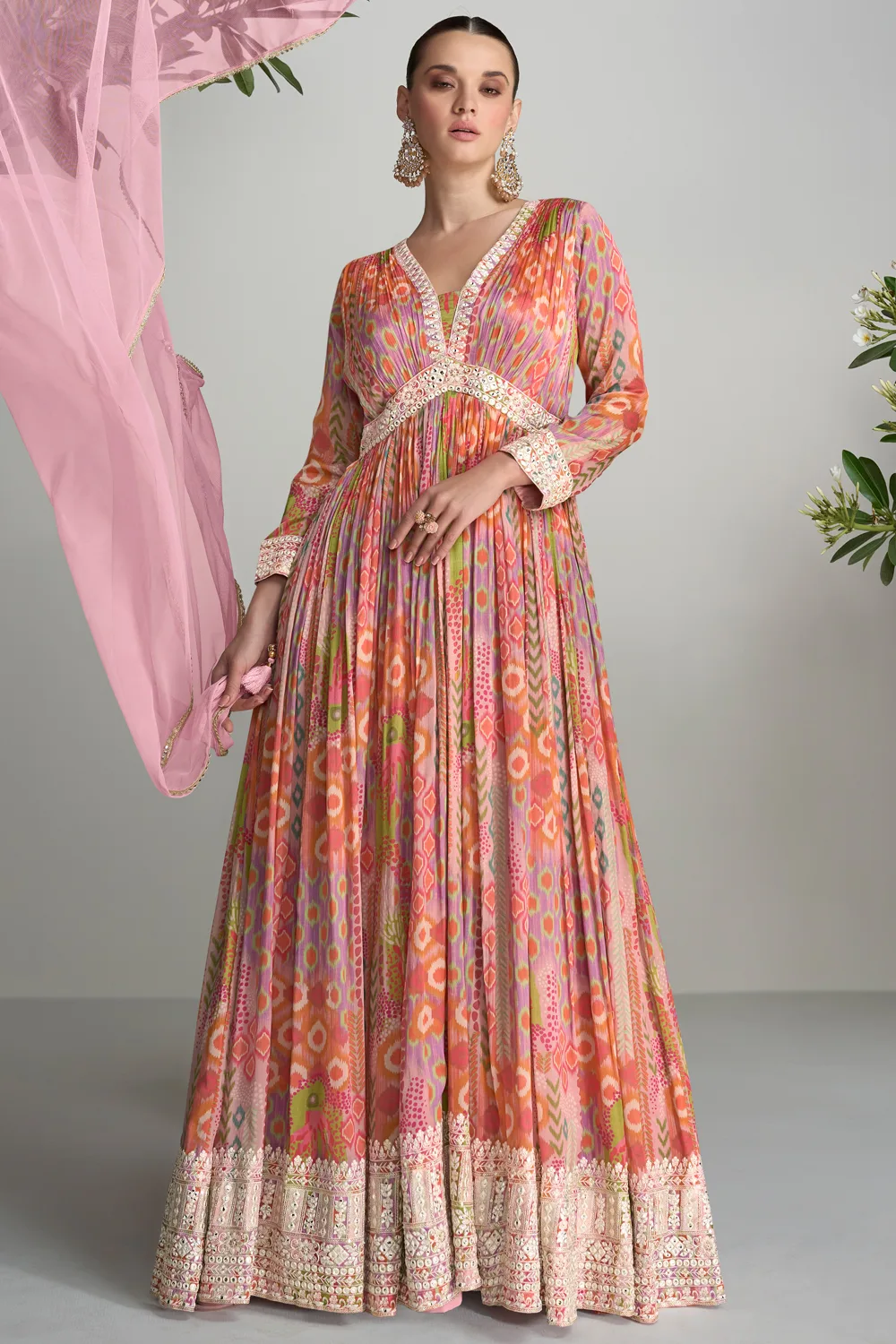 Pink Real Chinon Alia Cut Long Gown with Soft Net Dupatta - Khaish Pink Real Chinon Alia Cut Long Gown with Soft Net Dupatta - Khaish