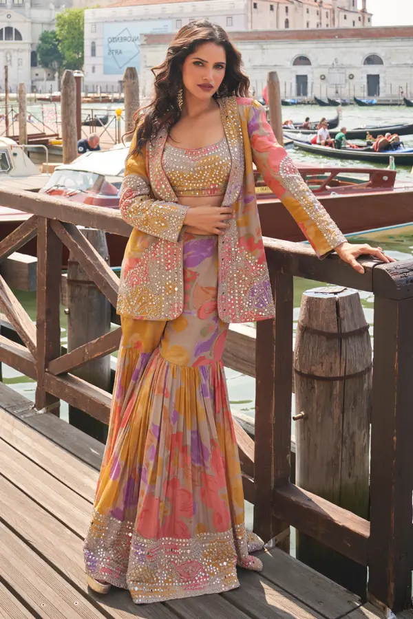 Orange Sharara Suit front view with abstract print and mirror jacket