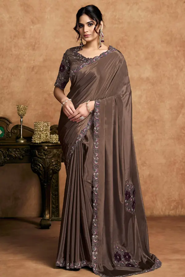 Front view of Espresso Brown Satin Silk Saree with applique embroidery