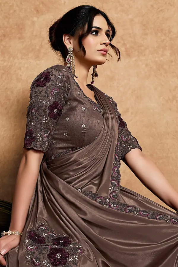Model wearing espresso brown festive saree