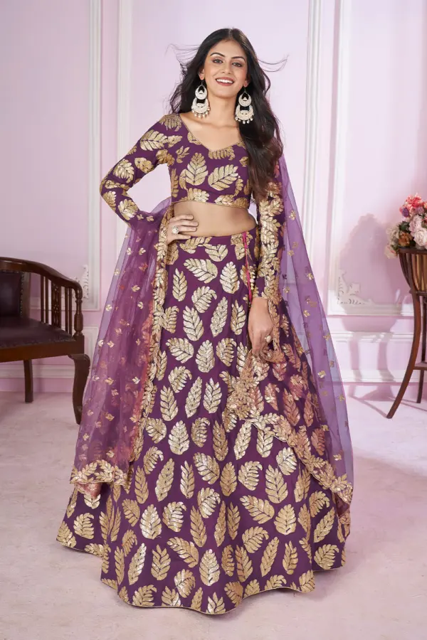 Purple Floral Lehenga front view with georgette lehenga and soft net floral dupatta