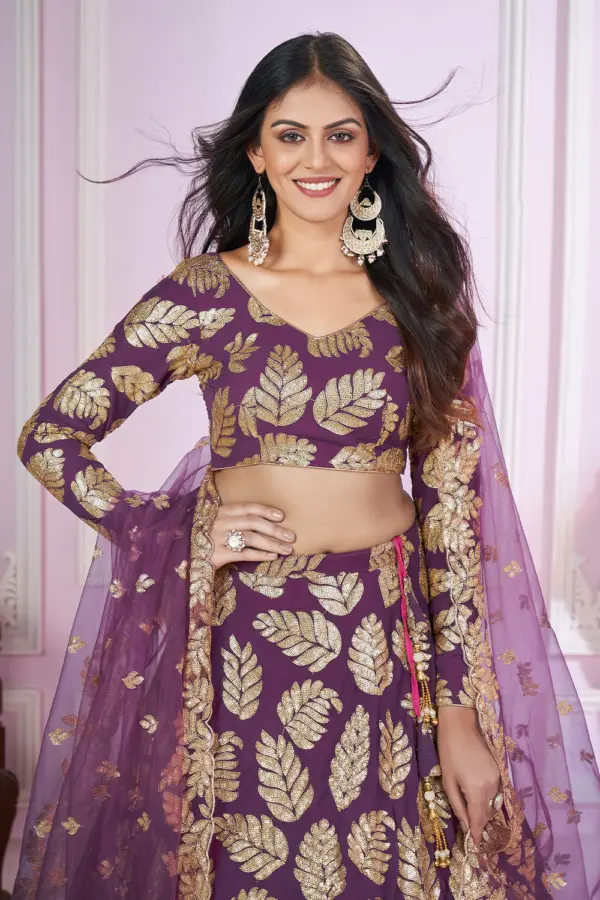 Close up of sequin flower and thread vine embroidery on Purple Floral Lehenga georgette blouse