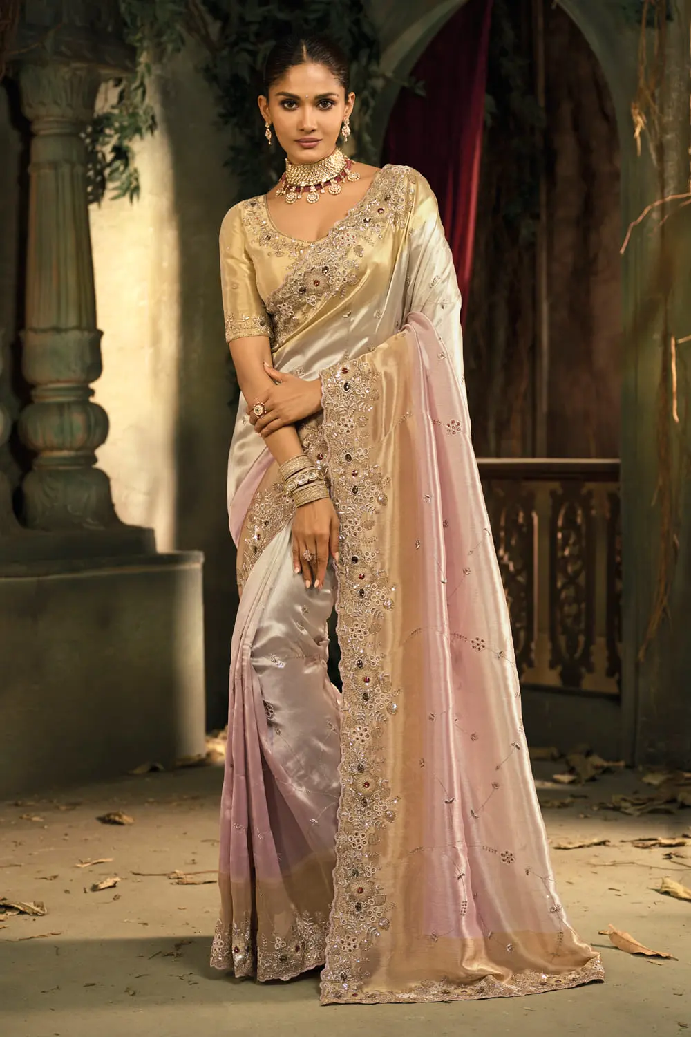 Cream to Pink Ombré Pure Ziraf Silk Saree with Zari, Cut-Dana, Moti & Emerald Heavy Work Cream to Pink Ombré Pure Ziraf Silk Saree with Zari, Cut-Dana, Moti & Emerald Heavy Work