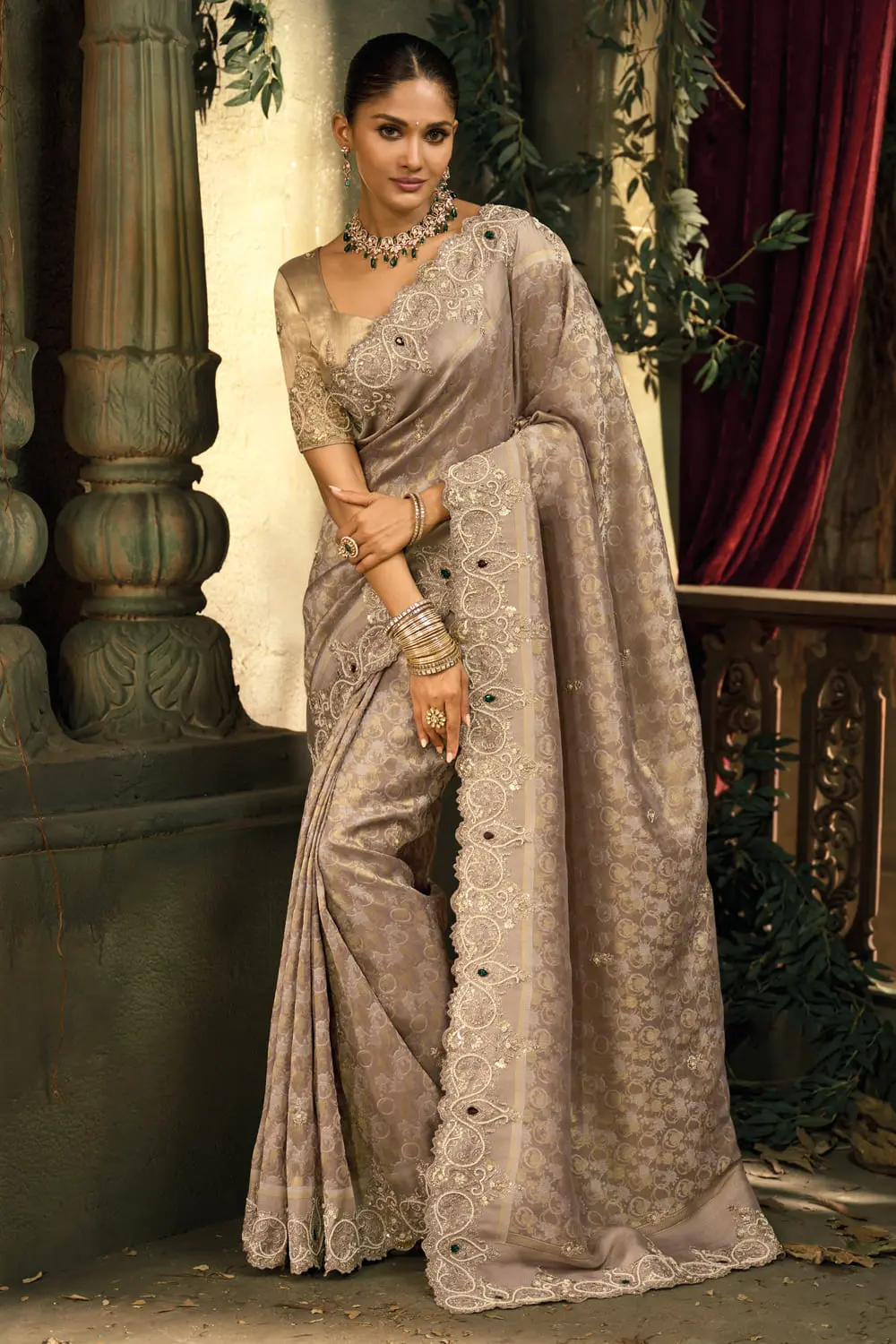 Chocolate Pure Ziraf Silk Saree — Heavy Jari, Moti, Cut-Dana & Emerald Embroidery Work Chocolate Pure Ziraf Silk Saree — Heavy Jari, Moti, Cut-Dana & Emerald Embroidery Work