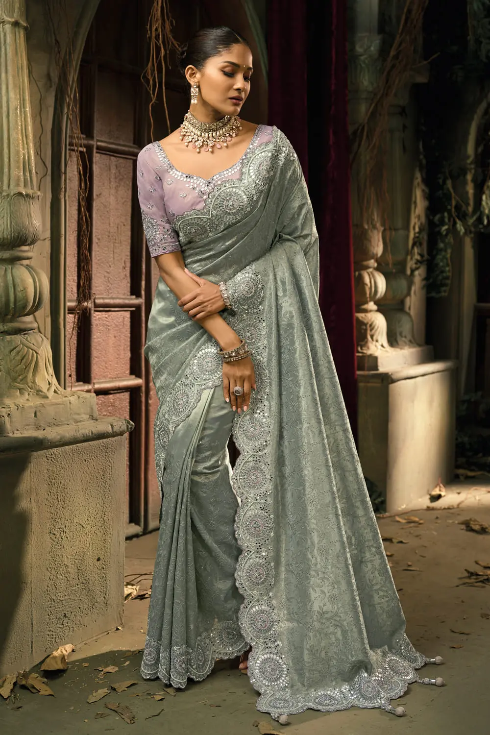 Grey Kanjipuram Silk Saree with Lukhnovi, Moti & Mirror Heavy Work Grey Kanjipuram Silk Saree with Lukhnovi, Moti & Mirror Heavy Work